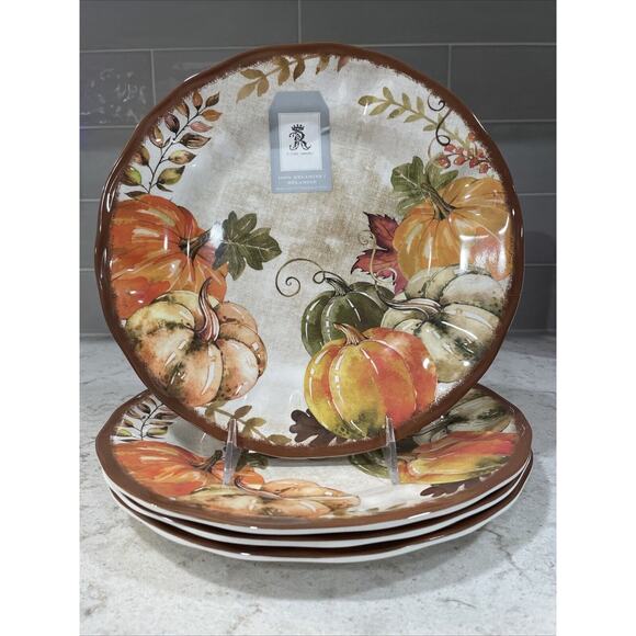 Set 4 Rachel Ashwell Harvest Fall Pumpkins Thanksgiving Melamine Dinner Plates - Picture 1 of 7